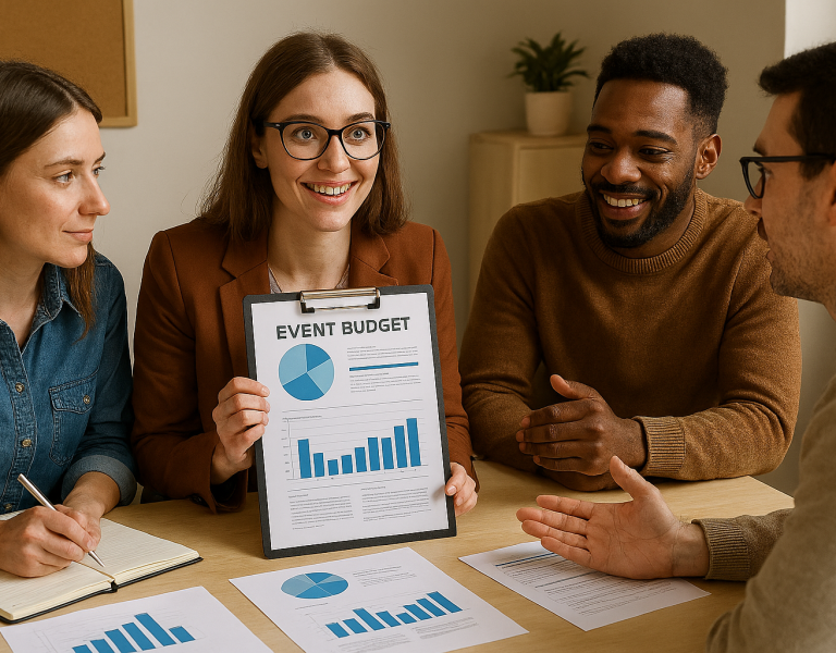 Réunion d’équipe autour d’un budget événementiel avec graphiques – planification financière pour organisation d'événements privés et d’entreprise
